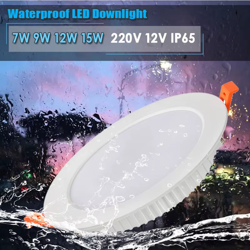 LED Downlight IP65 Waterproof Dimmable 9W 12W 15W 7W for Bathroom 220V 12V Kitchen Toilet Eaves Ceiling Lamp White Spot Light